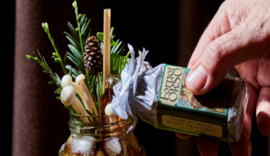 A hand sprays Fernet Orso from a small bottle into a bear-shaped glass filled with iced dark liquid and garnished with pine, mushrooms, and a pine cone.