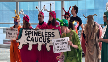 A group dressed as colorful snails and insects hold signs reading "SPINELESS CAUCUS," "ARREST ICE THUGS," and "OUR NEXT GOVERNOR NEEDS A BACKBONE!"