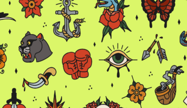 A pattern of traditional tattoo designs includes a panther head, boxing gloves, an eye, a snake on a rose, a skull with roses, an anchor, a dagger, flowers, a butterfly, arrows, a smoking pipe, and playing cards.