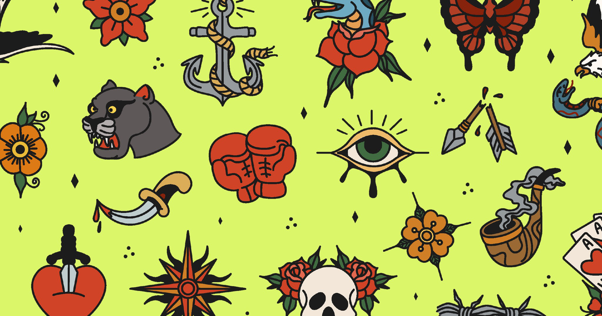 A pattern of traditional tattoo designs includes a panther head, boxing gloves, an eye, a snake on a rose, a skull with roses, an anchor, a dagger, flowers, a butterfly, arrows, a smoking pipe, and playing cards.