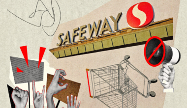 Protest signs and hands raised near the Safeway store sign, an empty shopping cart, and a hand holding a megaphone with a prohibition symbol.