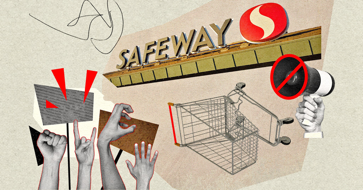 Protest signs and hands raised near the Safeway store sign, an empty shopping cart, and a hand holding a megaphone with a prohibition symbol.