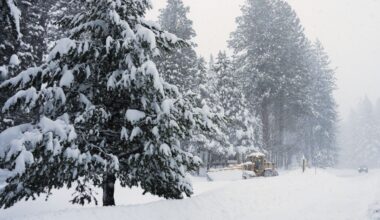 A road is plowed during a snow storm on Tuesday, Feb. 17, 2026 in Truckee Calif. (AP Photos/Brooke Hess-Homeier)