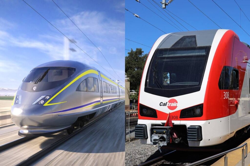 California High Speed Rail rendering and electrified Caltrain train.