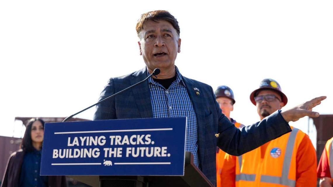 Ian Choudri, the CEO of the California High-Speed Rail Authority, speaks about the completion of a railhead facility near Shafter, Calif., on Tuesday, Feb. 3, 2026. Choudri was arrested later that night at his Folsom home on suspicion of domestic battery, according to police logs.