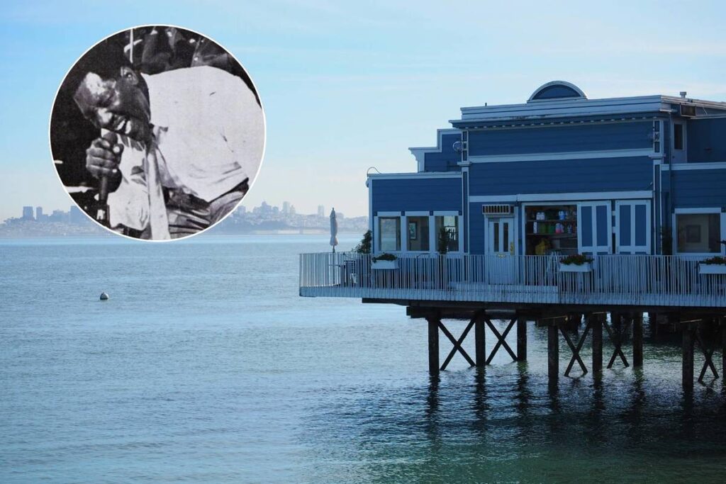 collage shows picture of san francisco bay with image of otris redding in the corner