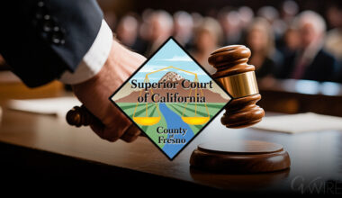Composite Image of Fresno County Superior Court logo and a courtroom scene