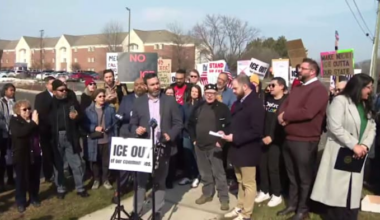 Protesters rally against new ICE office lease at Oakland Towne Square in Southfield