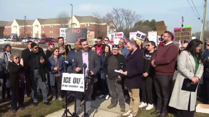 Protesters rally against new ICE office lease at Oakland Towne Square in Southfield