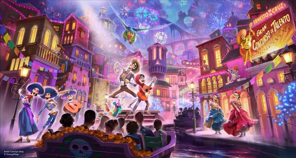 Concept art of a Coco boat ride, showing guests riding boats through a vibrant street scene in the Land of the Dead with Miguel and Héctor surrounded by skeleton dancers and mariachi.