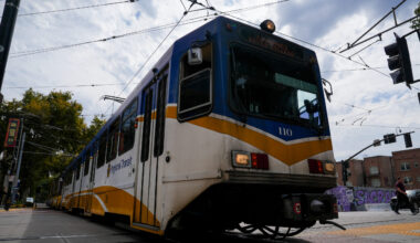 Light rail train on 8th and K street in Sacramento. Photo by Denis Akbari.