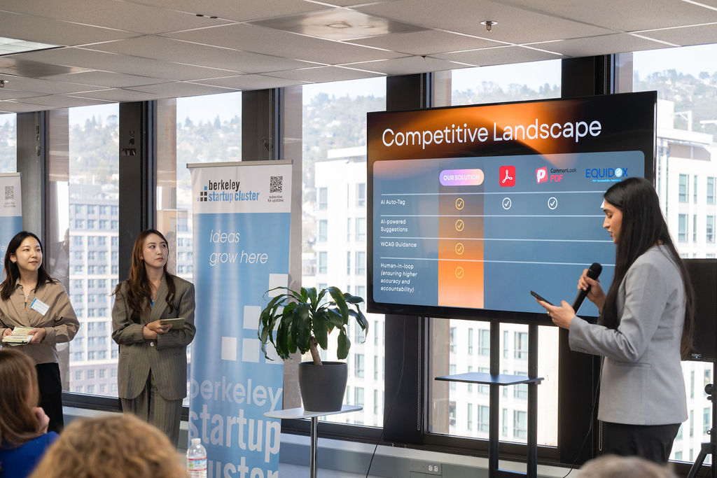 Students present their project, and accessibility coach, to judges during the Berkeley Civic Innovation Challenge.