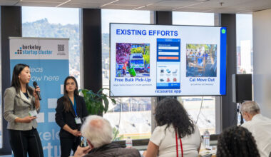 Students standing next to a screen make their pitch for ReMove to judges at the Berkeley Civic Innovation challenge.