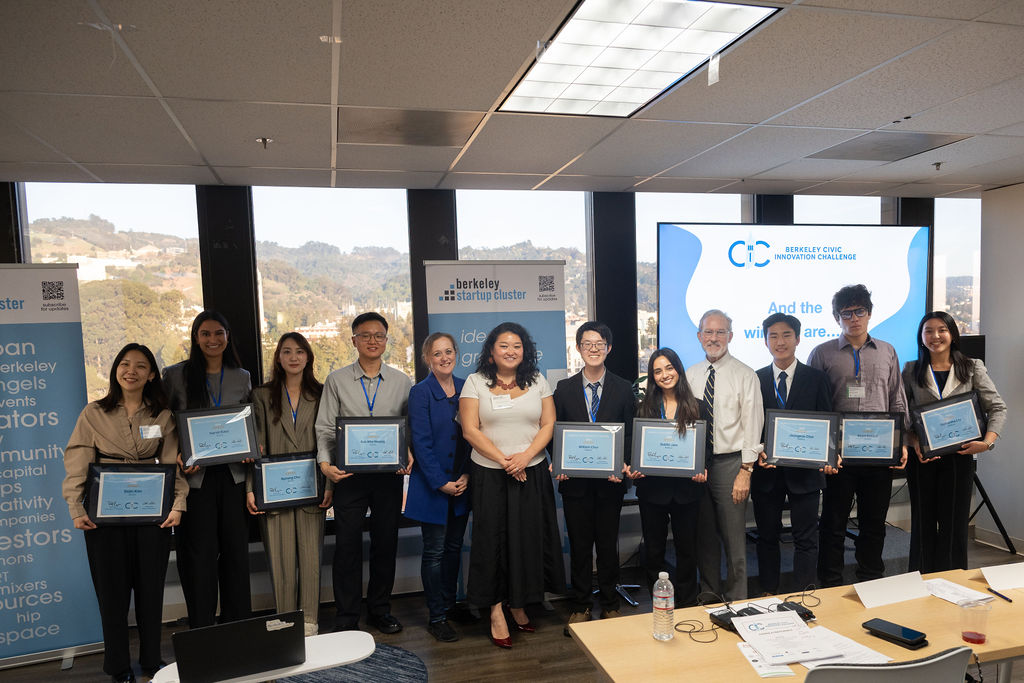 Winners and judges from the Berkeley Civic Innovation Challenge pose for a photo