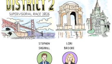 Illustration for the District 2 Supervisorial Race 2026, featuring district 2 landmarks and cartoon portraits labeled Stephen Sherrill and Lori Brooke.