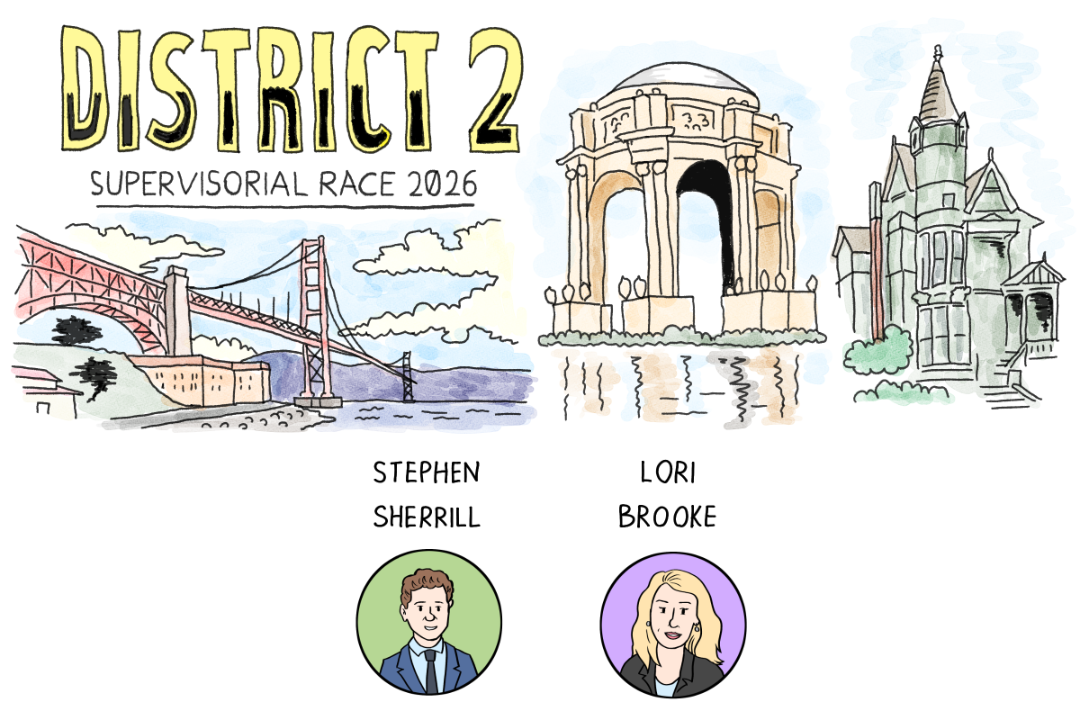 Illustration for the District 2 Supervisorial Race 2026, featuring district 2 landmarks and cartoon portraits labeled Stephen Sherrill and Lori Brooke.