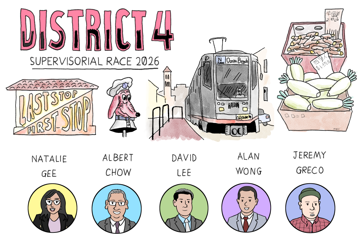 Cartoon showing five District 4 supervisorial candidates with illustrations of a restaurant, chef, streetcar, and a produce stand above their portraits.