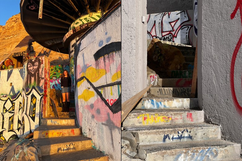 Two images are displayed. The left shows a woman standing between graffiti-covered walls at sunset. The right shows the same scene, with repainted walls that have fresh graffiti on them. The staircase going between the walls remains the same.