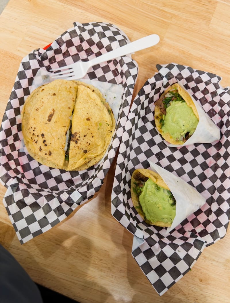 Plate of tacos and quesadilla.