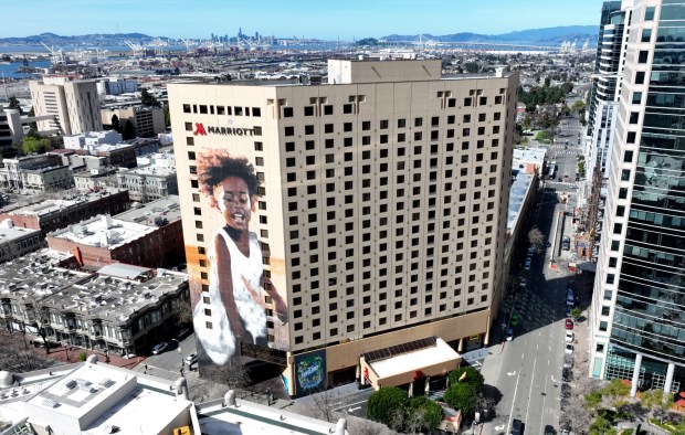 A drone view of the Oakland Marriott City Center in downtown Oakland, Calif., on Wednesday, March 13, 2024. (Jane Tyska/Bay Area News Group)