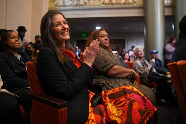 Former Oakland city mayor Libby Schaaf claps while attending the 2025 Inauguration Ceremony held at Oakland City Hall in Oakland, Calif., on Monday, Jan. 6, 2025. (Jose Carlos Fajardo/Bay Area News Group)