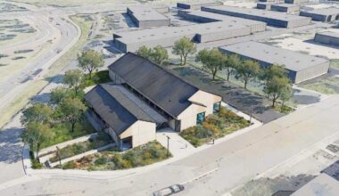 A rendering shows an aerial view of the proposed permanent homeless shelter in Elk Grove at Survey Road and East Stockton Boulevard. After eliminating two other proposed sites elsewhere in the city, the City Council directed staff Wednesday, Feb. 11, 2026, to negotiate acquiring the 1.5-acre property.