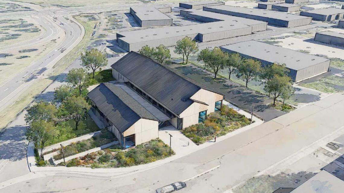 A rendering shows an aerial view of the proposed permanent homeless shelter in Elk Grove at Survey Road and East Stockton Boulevard. After eliminating two other proposed sites elsewhere in the city, the City Council directed staff Wednesday, Feb. 11, 2026, to negotiate acquiring the 1.5-acre property.