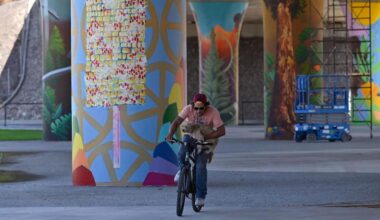 A man holds his dog as he rides through San Pablo Park which has support pillars decorated with murals Thursday, July 17, 2025 in Fresno. The murals by a dozen artists from Fresno and elsewhere are a Caltrans-funded project in collaboration with the Fresno Arts Council.