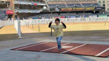 Toby Sevadjian, 6, celebrates over home plate after running the bases at Petco Park, Saturday, January 31, 2026.