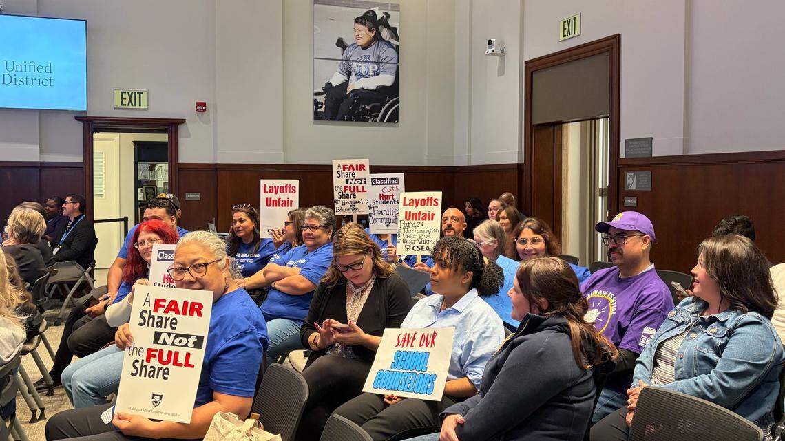 Fresno Unified employees packed the boardroom on Feb. 25 to oppose the district’s plan to layoff over 250 teachers and staff.