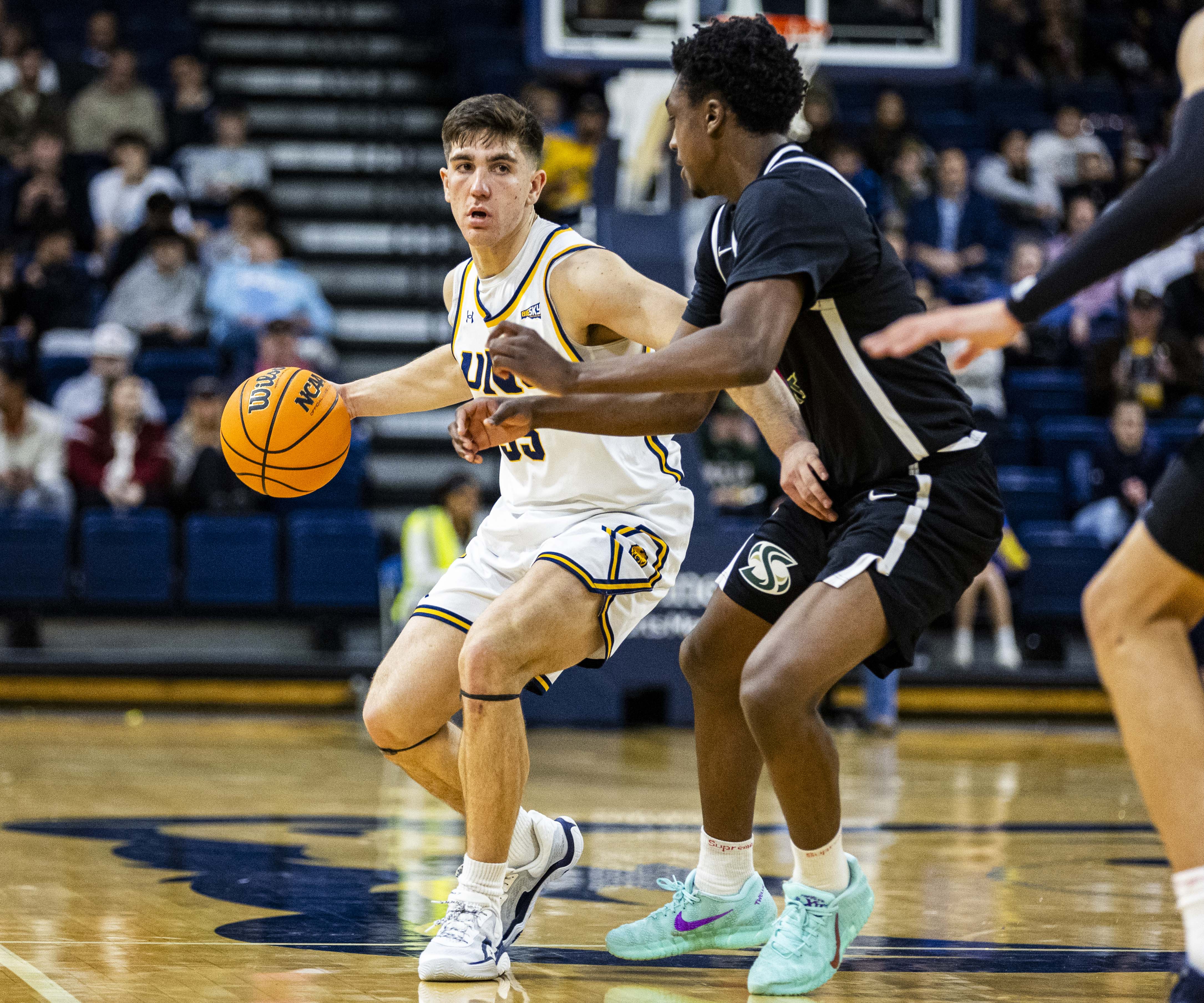 Northern Colorado Bears guard Quinn Denker (35) dribbles the ball...