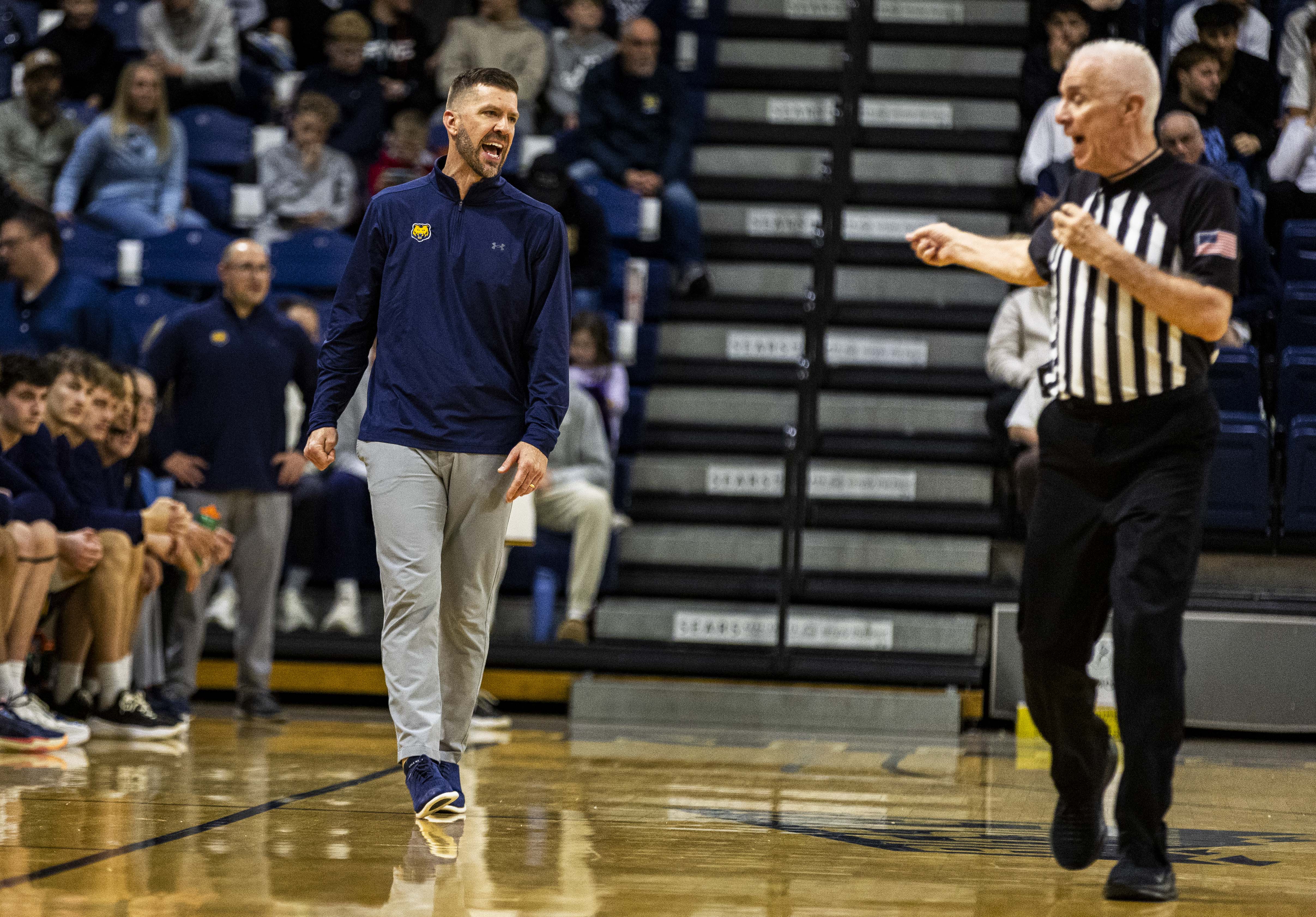 Northern Colorado Bears head coach Steve Smiley disagrees with a...