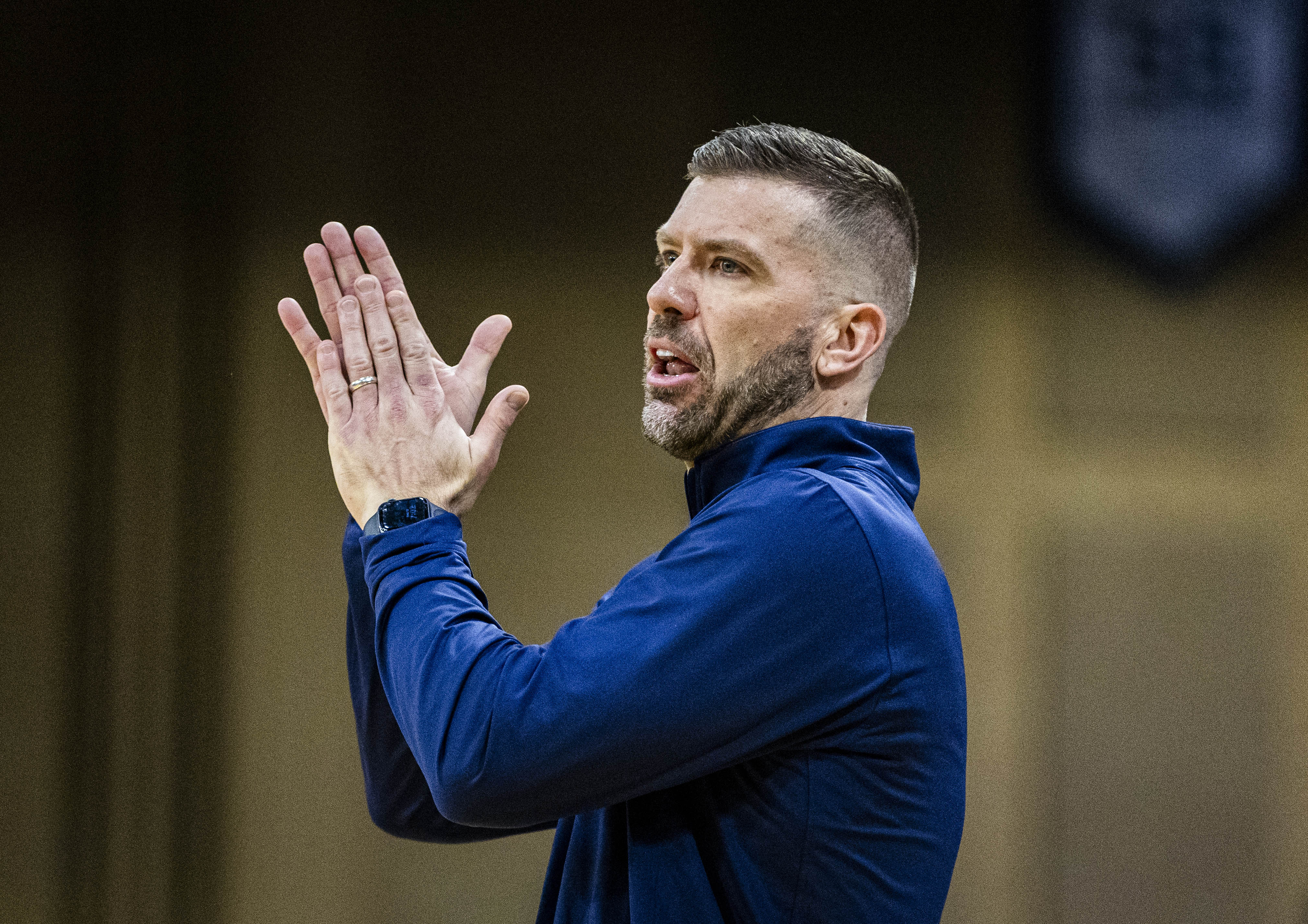 Northern Colorado Bears head coach Steve Smiley yells to his...