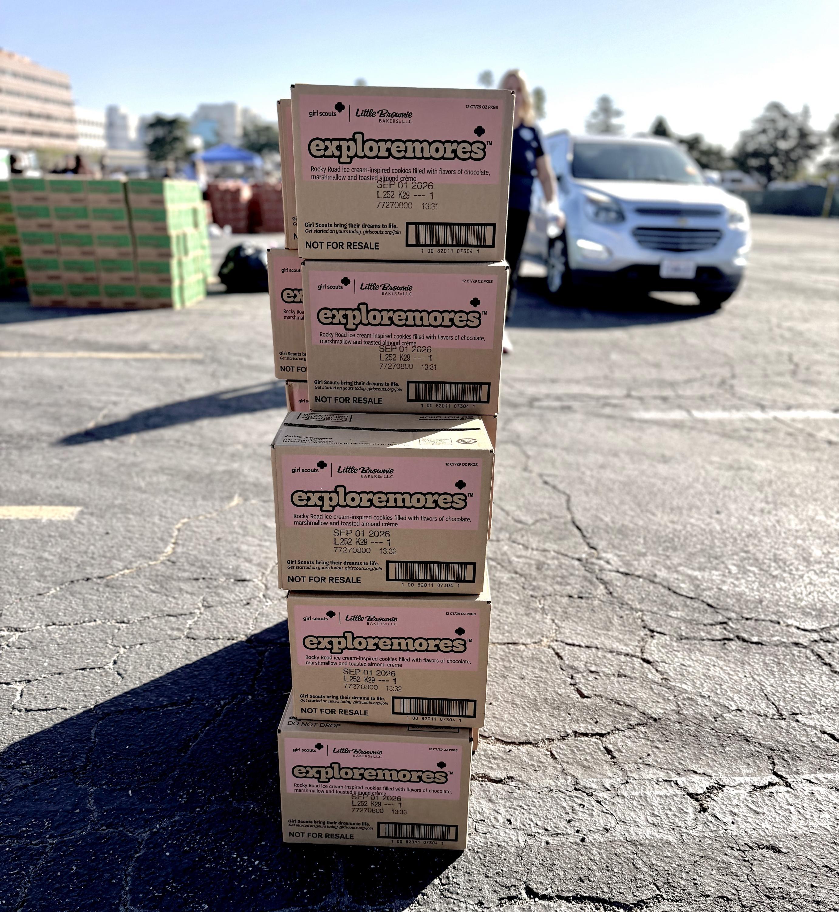 Stacks of Girl Scout Cookies prepared for pick up from...