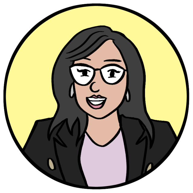 Cartoon illustration of a woman with long dark hair, glasses, and earrings, wearing a black blazer and light shirt, set against a yellow circular background.