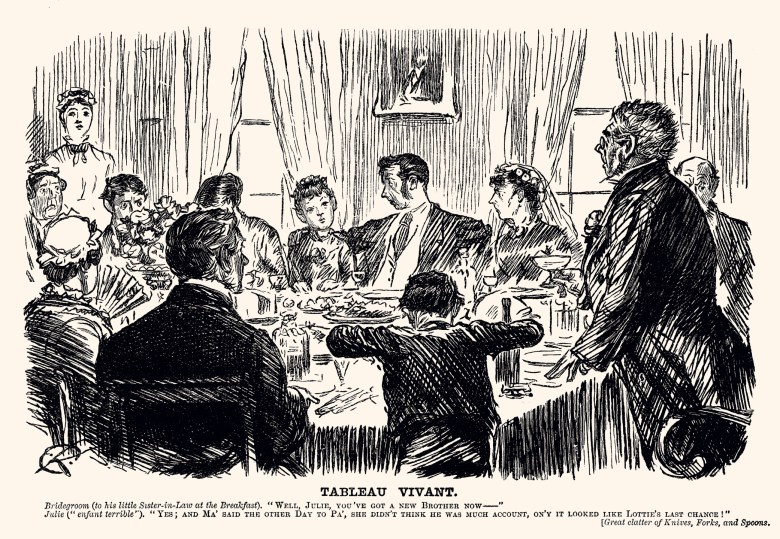 A pen-and-ink illustration of a family gathered at an English formal wedding breakfast