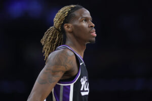 LOS ANGELES, CALIFORNIA - DECEMBER 28: Keon Ellis #23 of the Sacramento Kings looks on during the first half of a game against the Los Angeles Lakers at Crypto.com Arena on December 28, 2024 in Los Angeles, California. (Photo by Sean M. Haffey/Getty Images)