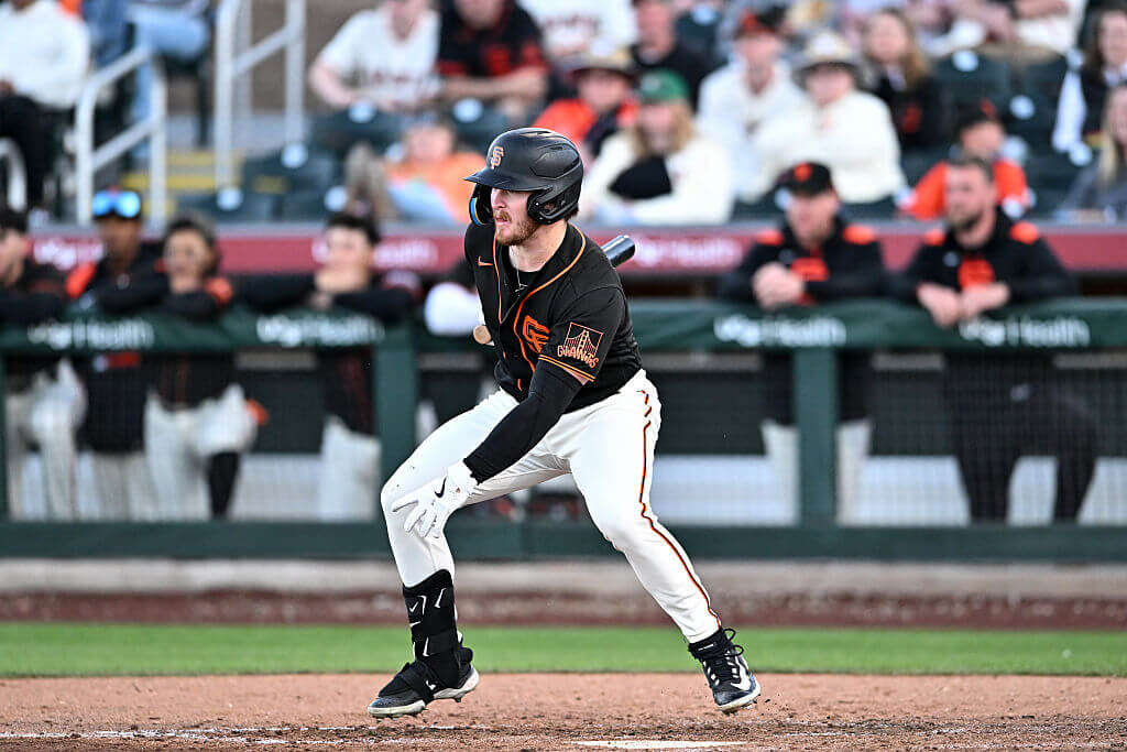 James Tibbs III #10 of the San Francisco Giants bats during the fourth inning of a spring training Spring Breakout game against the Texas Rangers at Scottsdale Stadium on March 15, 2025