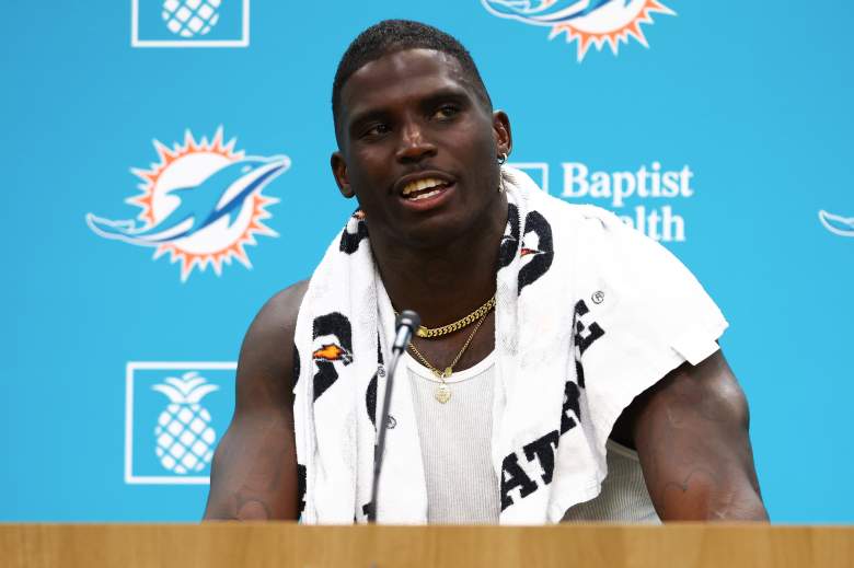 Former Miami Dolphins receiver Tyreek Hill during a press conference.