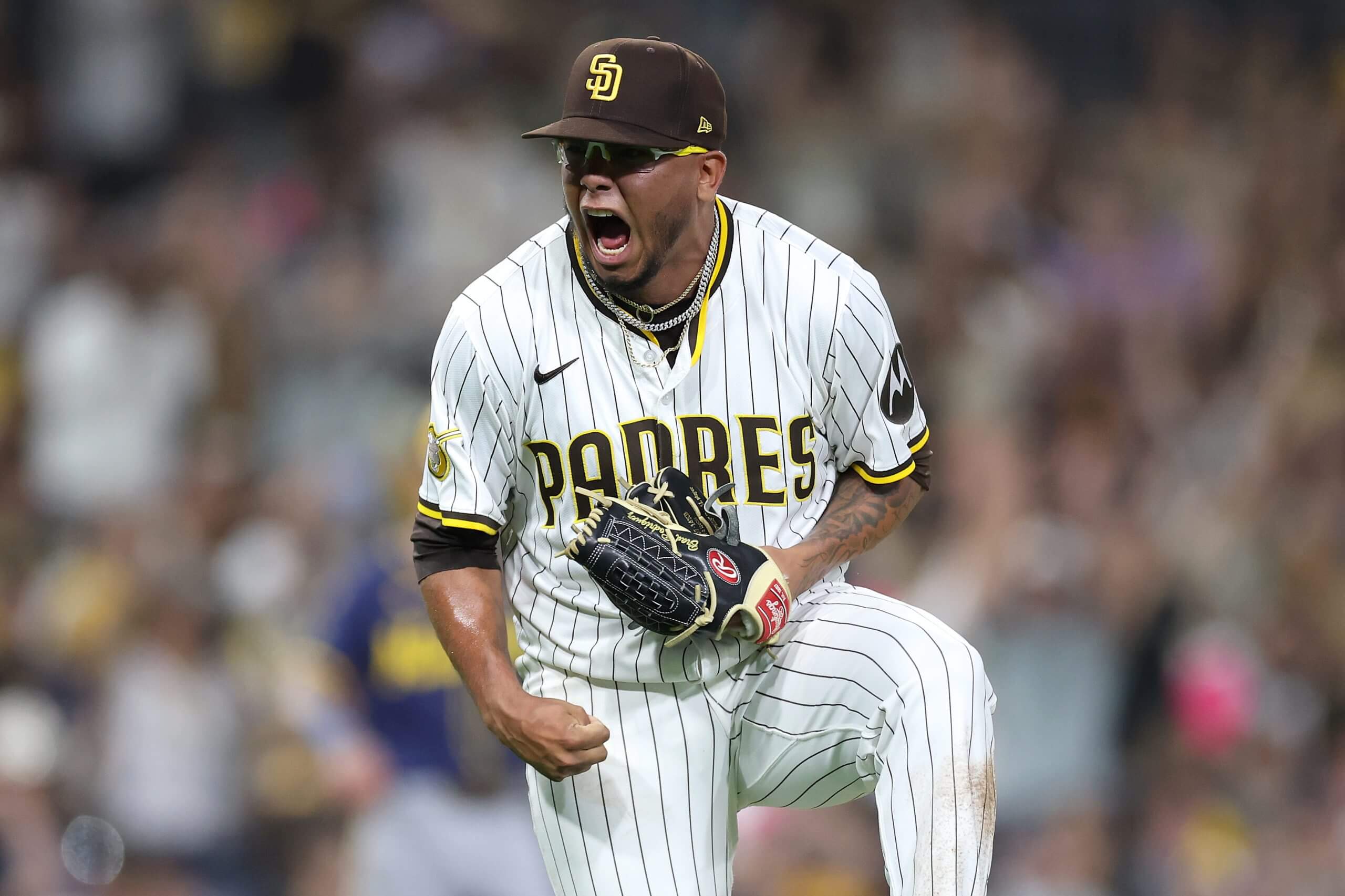 Bradgley Rodriguez #72 of the San Diego Padres reacts after the third out during the eleventh inning of a game against the Milwaukee Brewers at Petco Park on September 22, 2025 in San Diego, California.