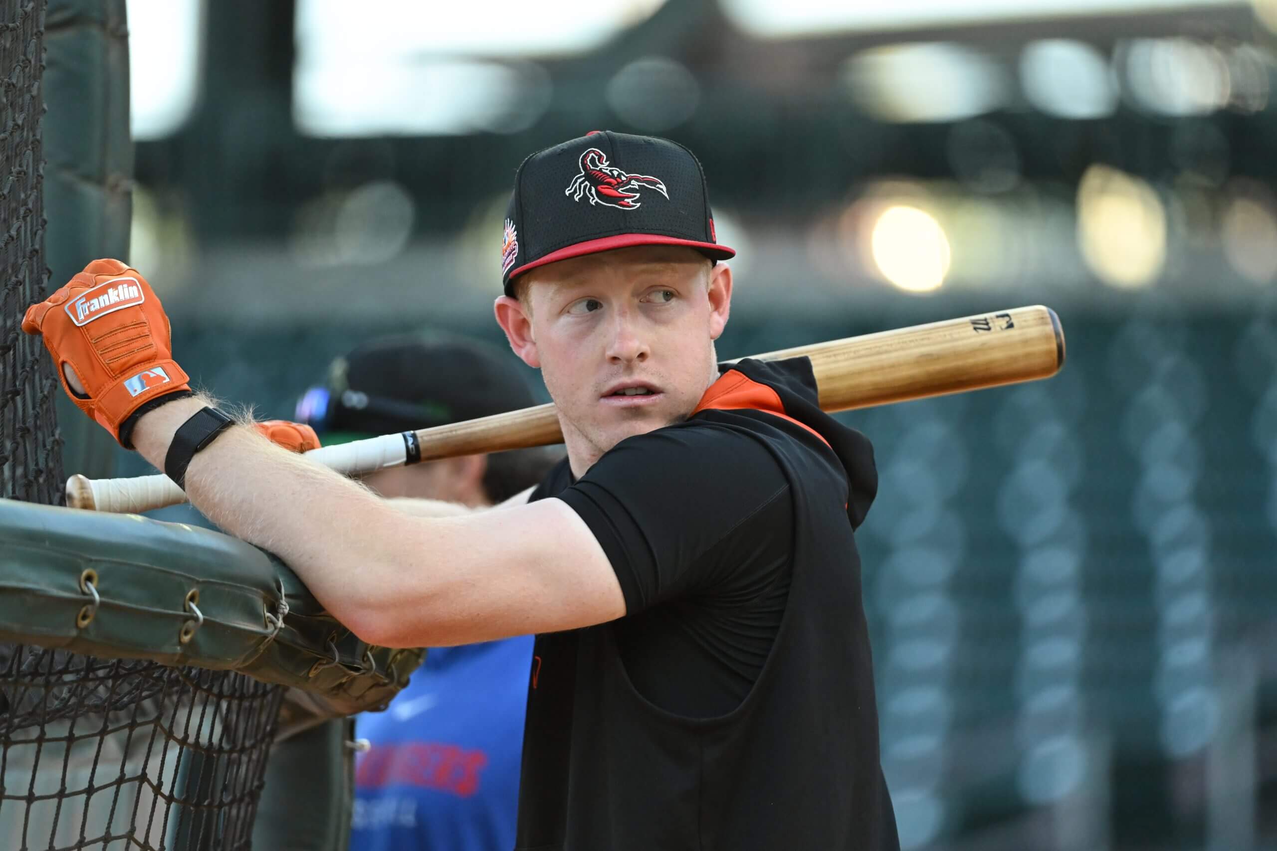 Parks Harber of the San Francisco Giants looks on during batting practice prior to the 2025 Arizona Fall League Fall Stars game.