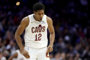 PHILADELPHIA, PENNSYLVANIA - JANUARY 16: De'andre Hunter #12 of the Cleveland Cavaliers celebrates during the second half against the Philadelphia 76ers at Xfinity Mobile Arena on January 16, 2026 in Philadelphia, Pennsylvania. NOTE TO USER: User expressly acknowledges and agrees that, by downloading and or using this photograph, User is consenting to the terms and conditions of the Getty Images License Agreement. (Photo by Emilee Chinn/Getty Images)