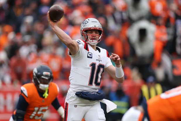 Drake Maye of the New England Patriots makes a pass during the second quarter in the AFC Championship Game against the Denver Broncos at Empower Field at Mile High on January 25, 2026 in Denver, Colorado. (Photo by Matthew Stockman/Getty Images)
