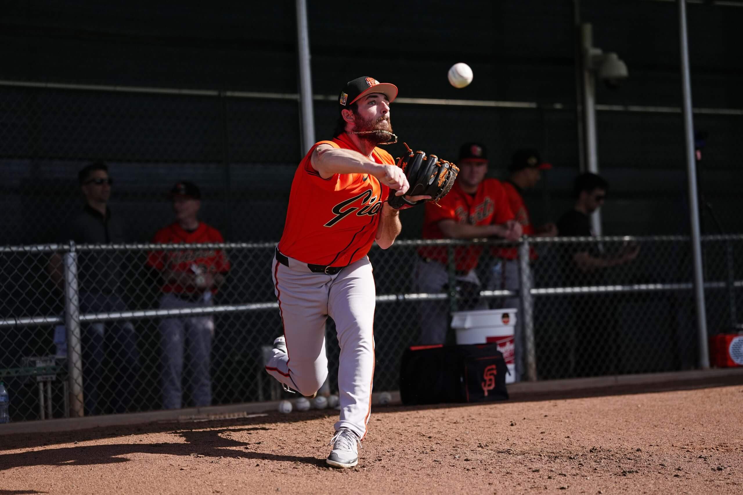 Ryan Walker #74 of the San Francisco Giants pitches during Spring Training at Scottsdale Stadium on February 10, 2026 in Scottsdale, Arizona. 