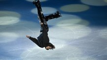 USA's Ilia Malinin performs a backflip at the figure skating exhibition gala.
