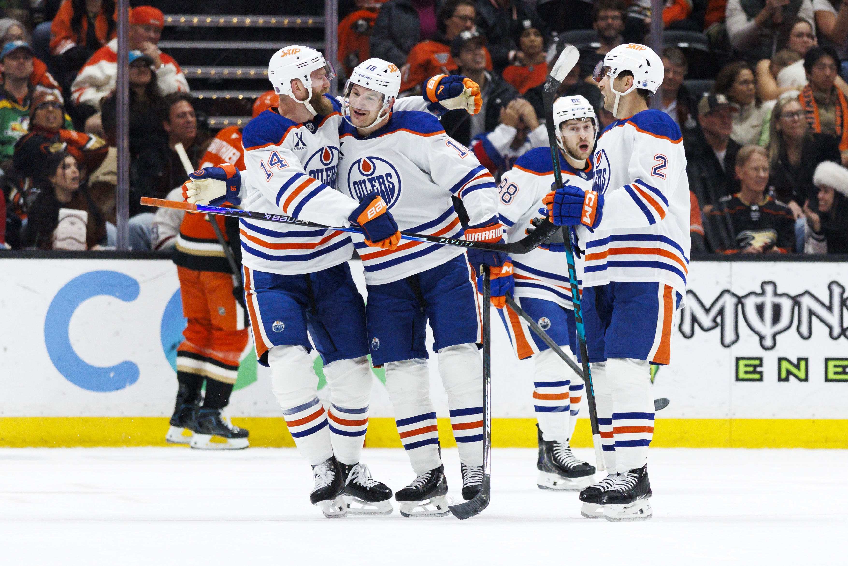 The Edmonton Oilers’ Mattias Ekholm (14), Zach Hyman (18) and...