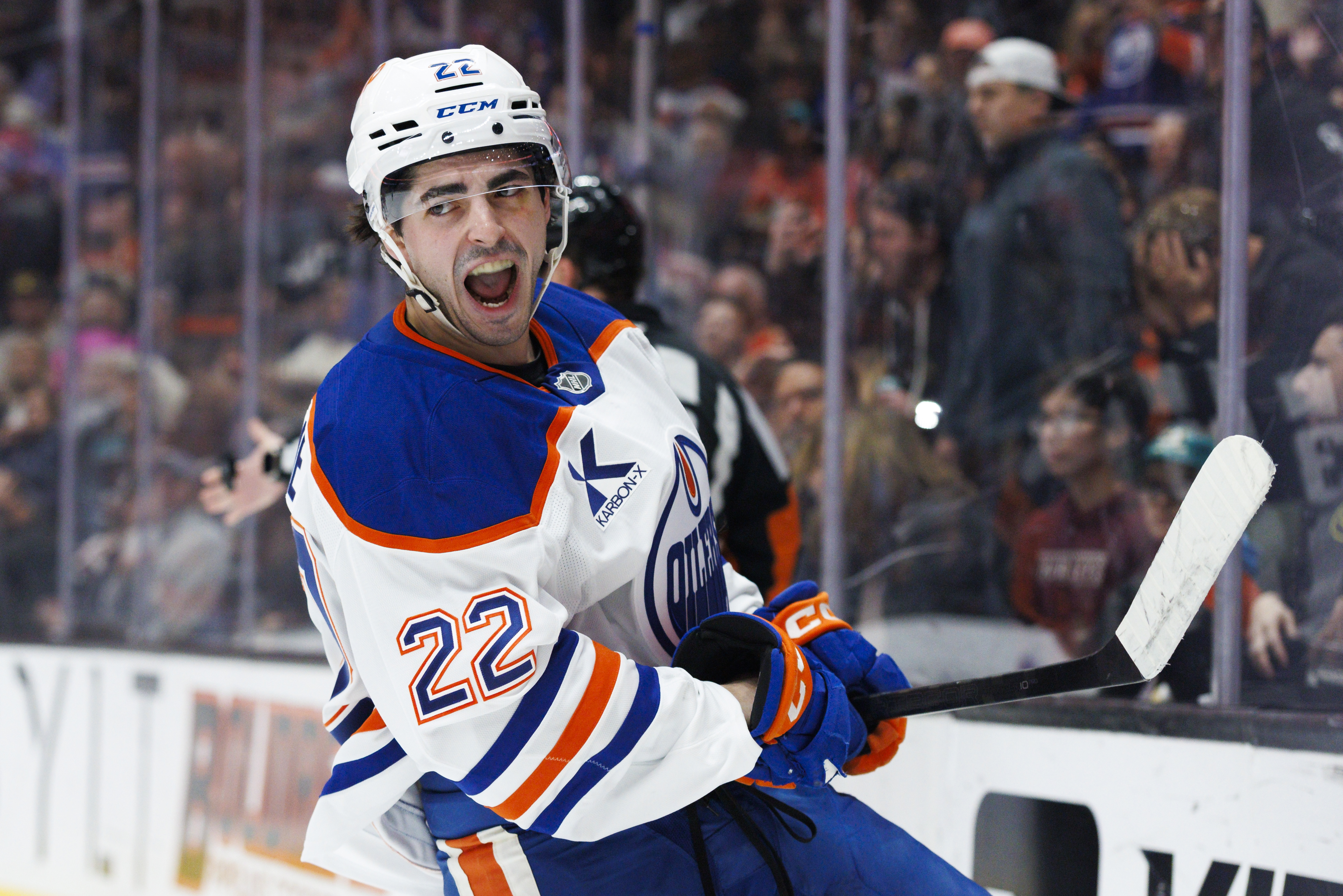 The Edmonton Oilers’ Sam Poulin celebrates his goal during the...