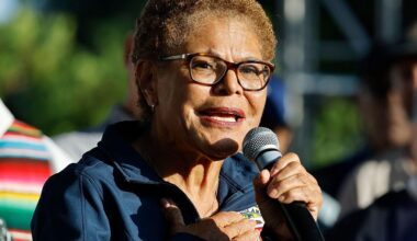 Los Angeles Mayor Karen Bass speaks at a candlelight vigil on June 10, 2025 in Los Angeles, California.