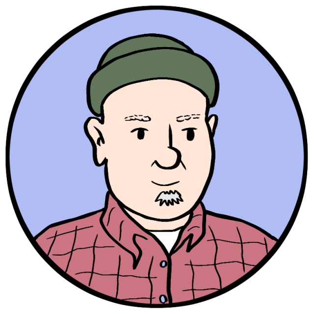 Cartoon illustration of a person wearing a green beanie and a red plaid shirt, shown from the shoulders up against a light purple background.