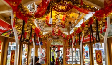 Trolley cars decorated in advance of Chinese New Year in San Francisco on Feb. 3.